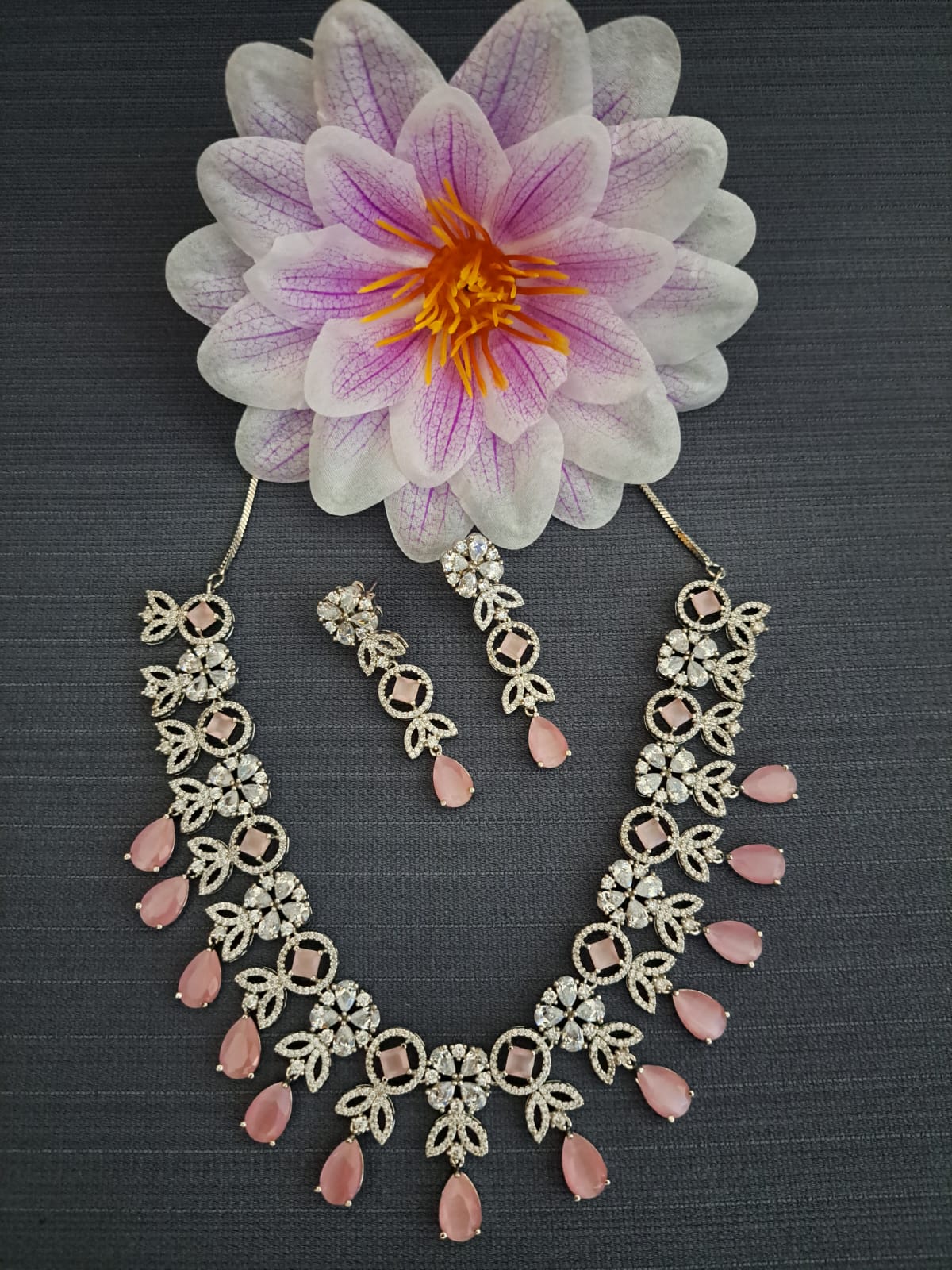Floral Party Wear Necklace with Colorful Oval Drops
