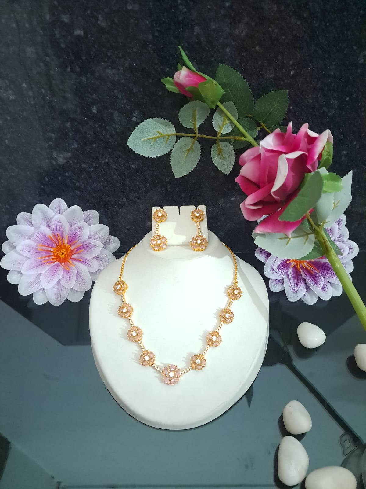 Pink Golden color American Diamond Necklace set