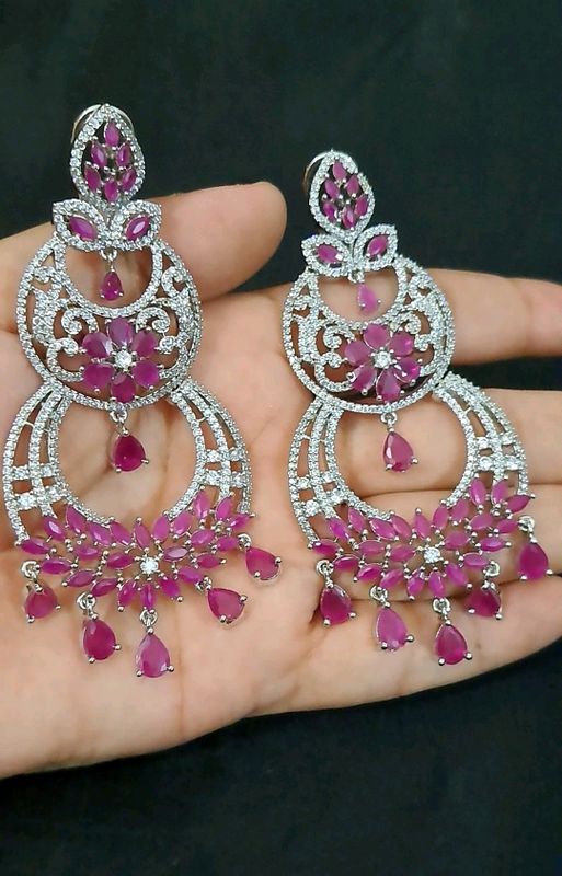 big partywear earrings silver magenta