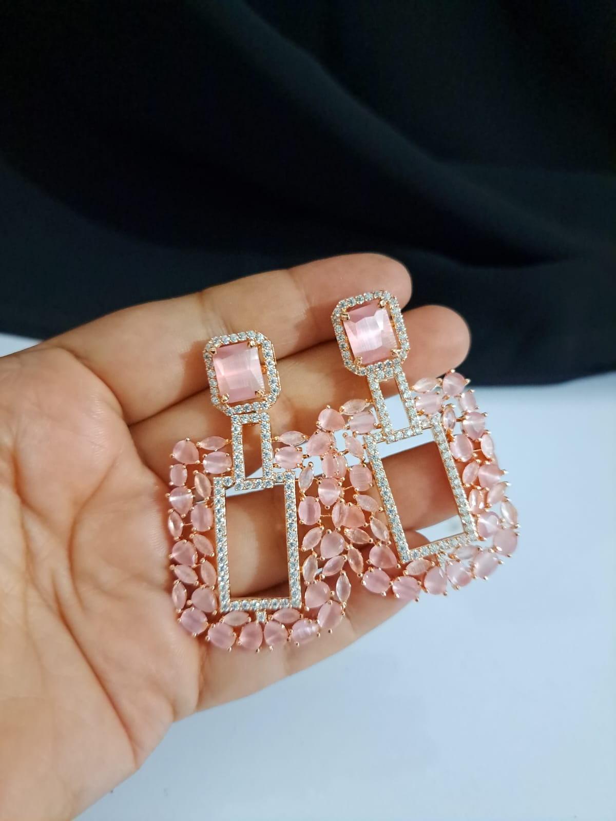AD Silver Rectangle Earrings in Pink