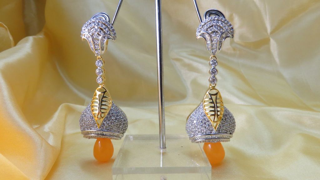 short jhumki earrings in american diamond
