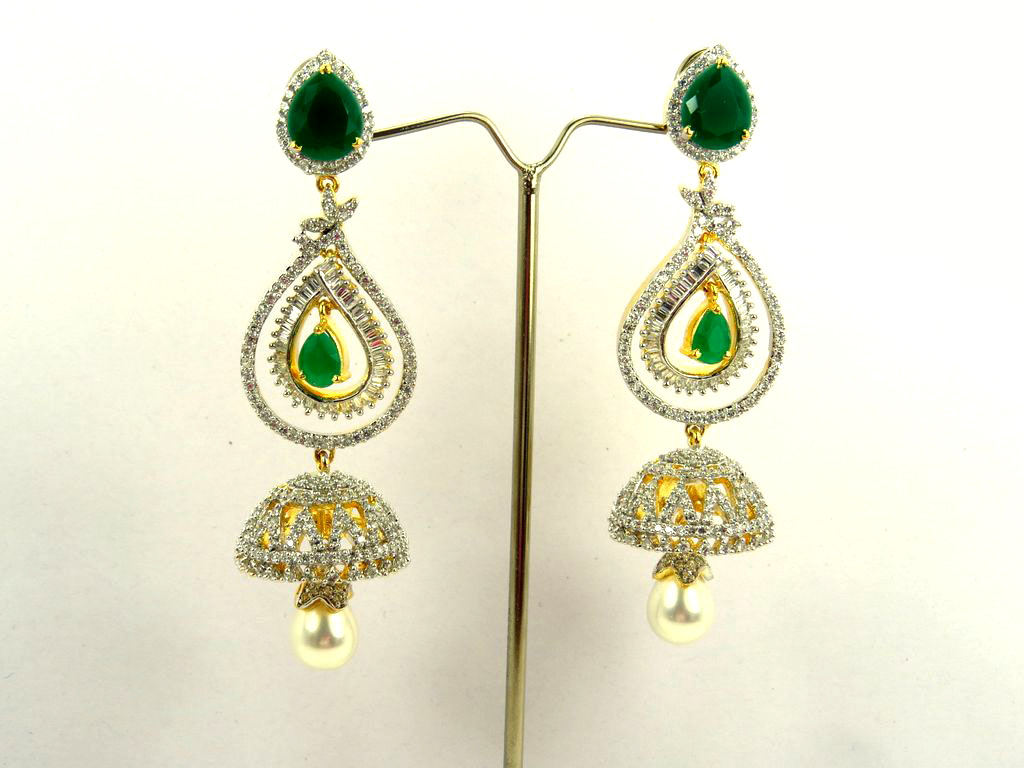 very long green color american diamond jhumki