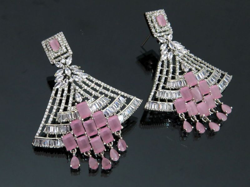 Broad base Long Earrings in pink and silver