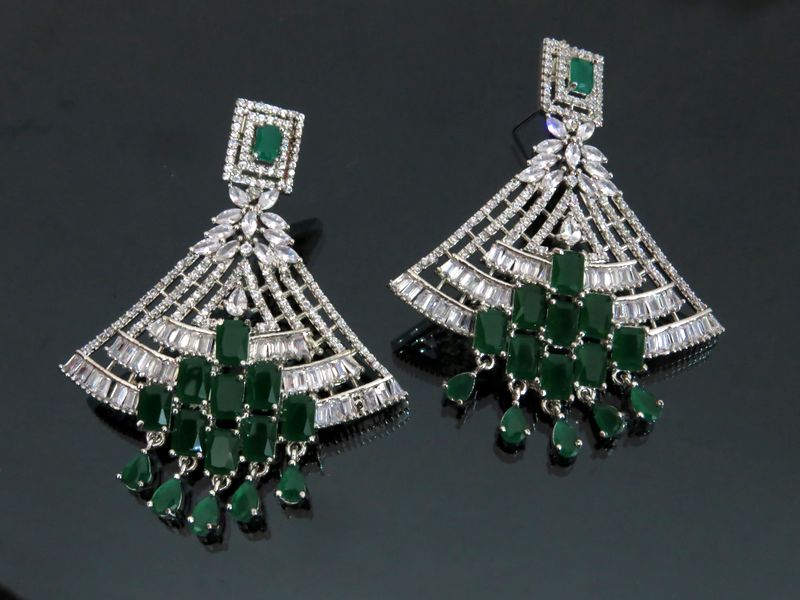 Broad base Long Earrings in green and silver