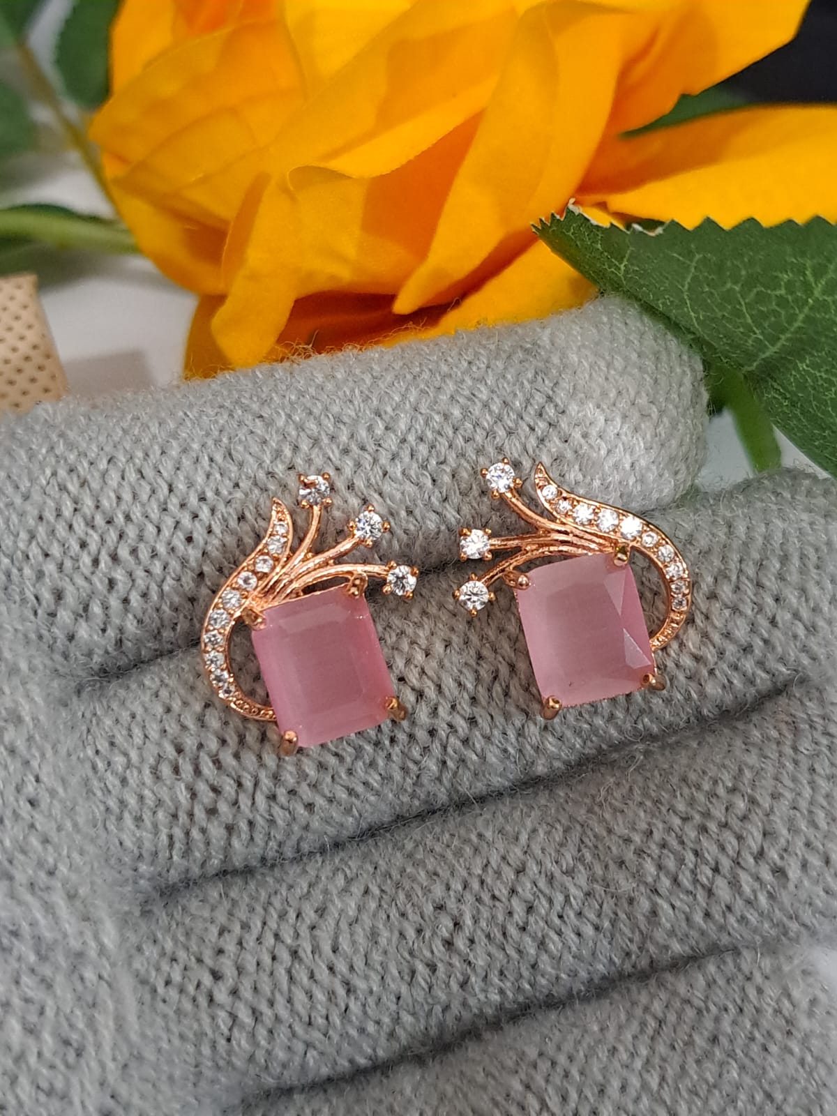Pink golden square AD stud earring