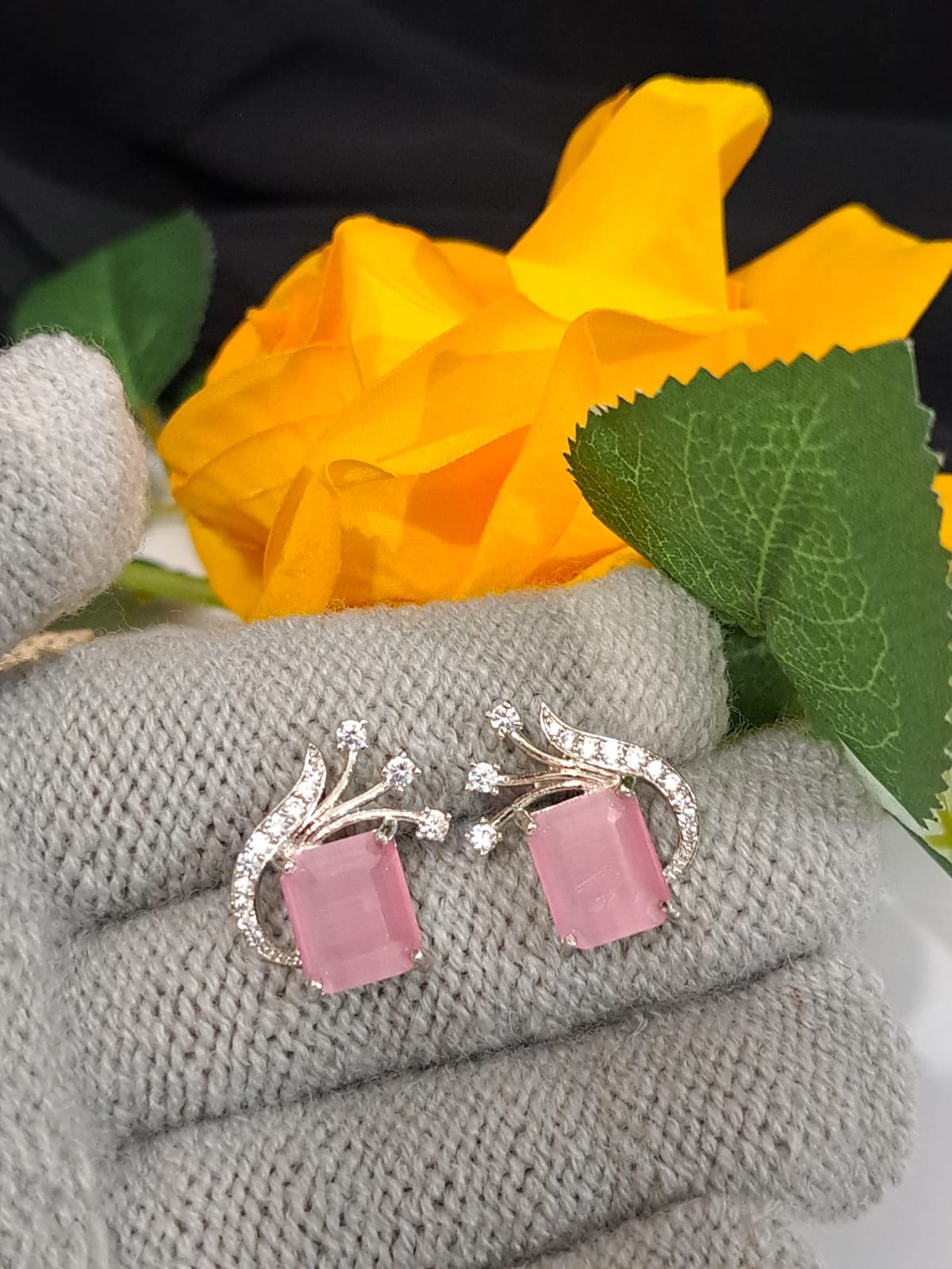 Pink Silver square AD stud earring