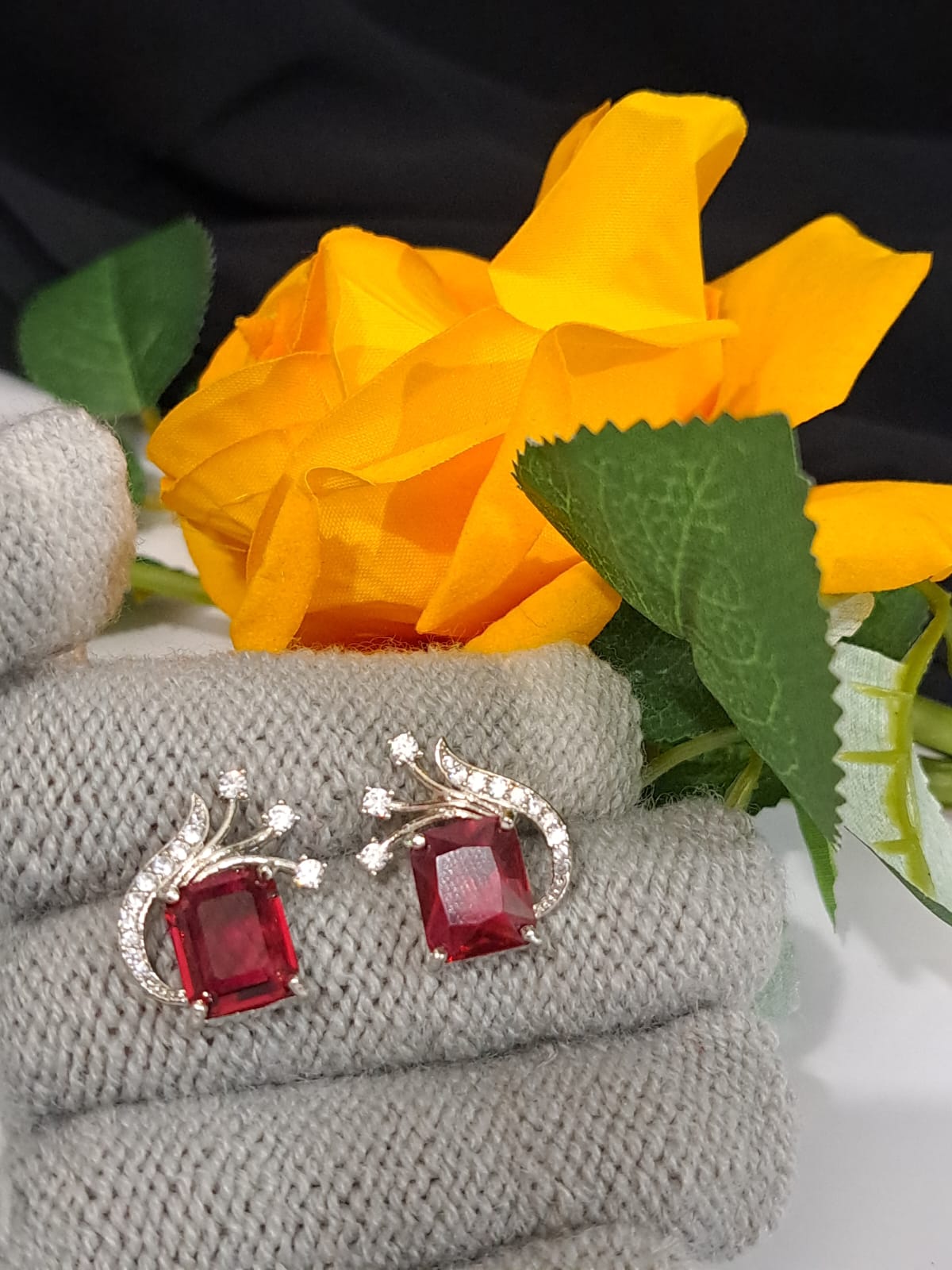 Red silver square AD stud earring