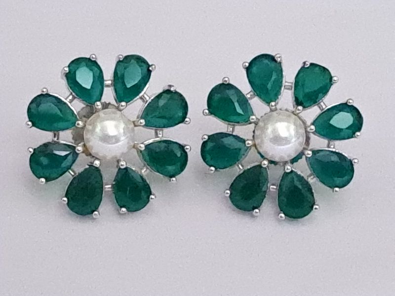 floral designer stud silver green