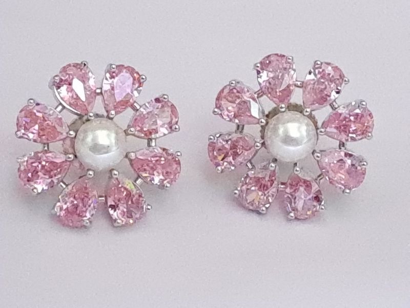 floral designer stud silver pink