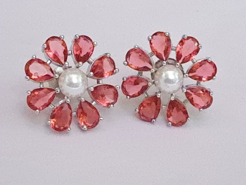 floral designer stud silver red