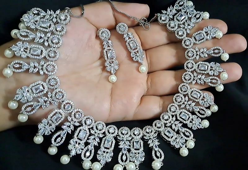 Wedding Day Big Necklace Set in Silver AD Stones