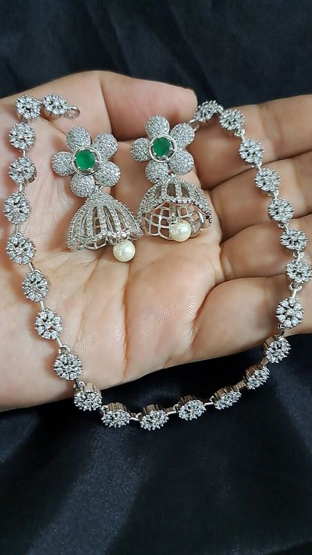 silver designer chain with jhumki earrings
