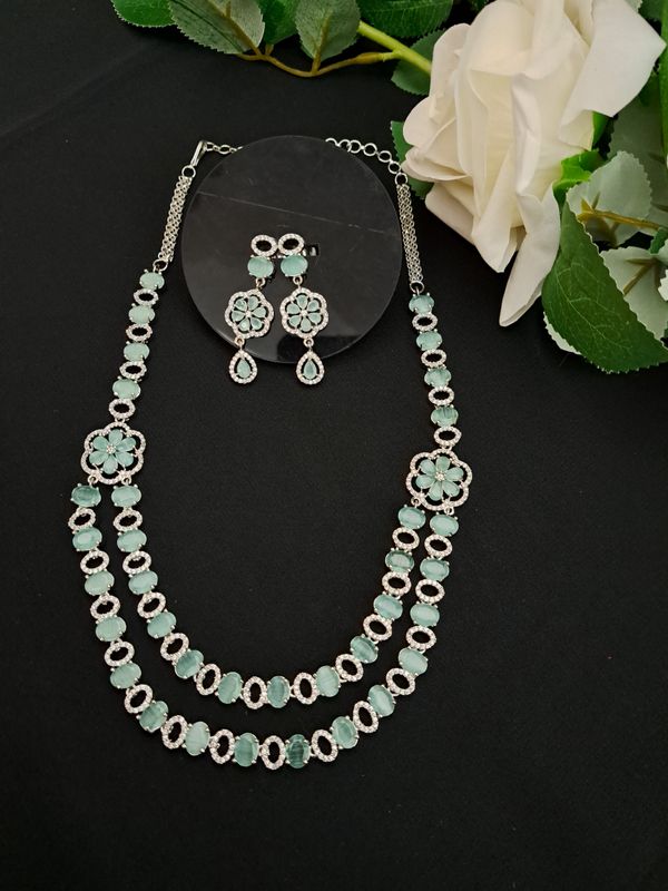 Stylish CZ Mink Flower Double Line Necklace Earring Set