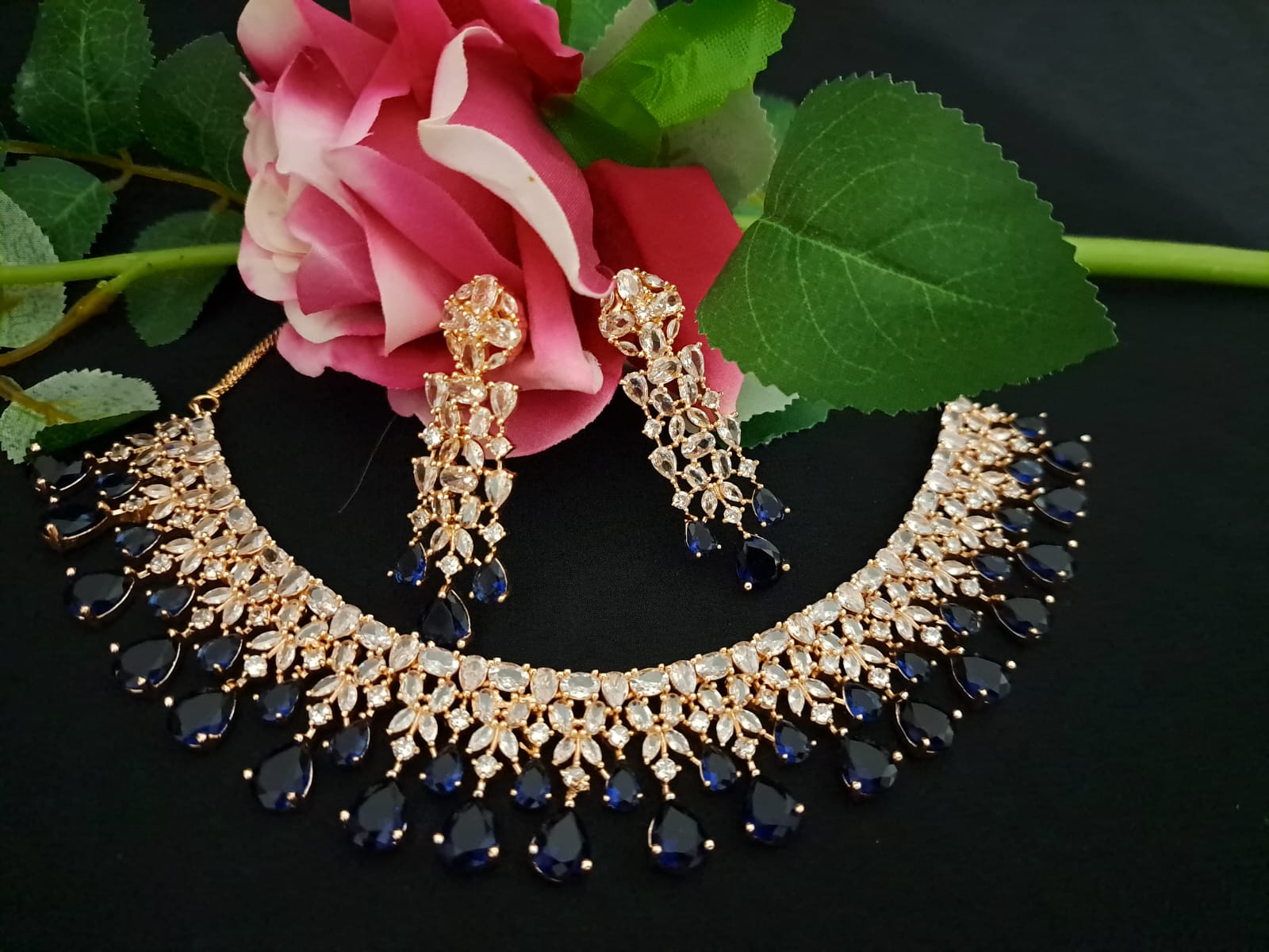 CZ Diamonds Necklace Earrings Set Rose, Dark Blue