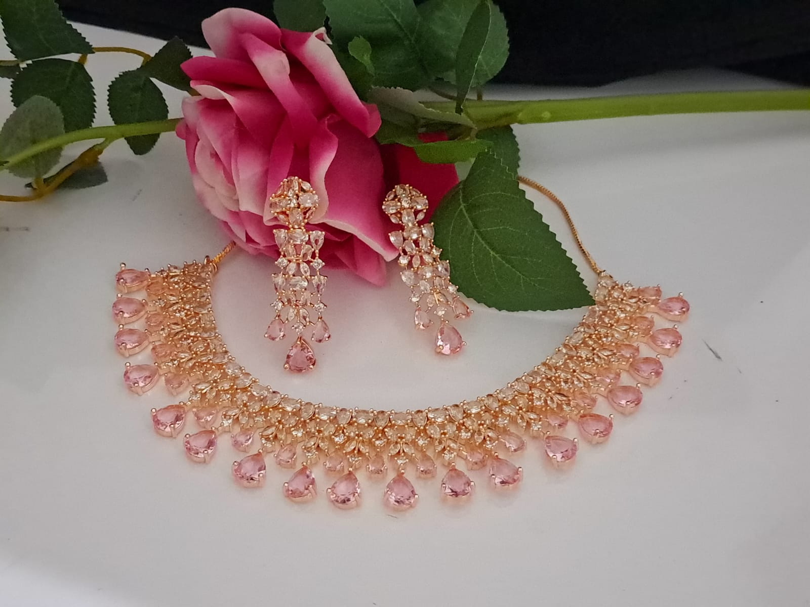 CZ Diamonds Necklace Earrings Set Rose, Pink Blue