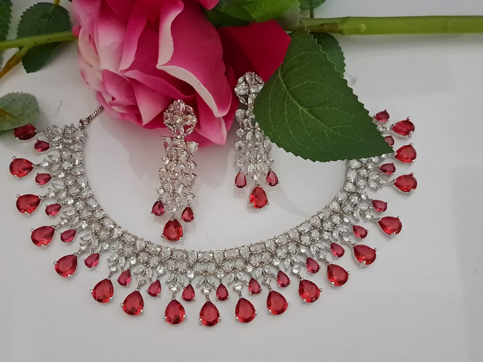 CZ Diamonds Necklace Earrings Set Silver, Red