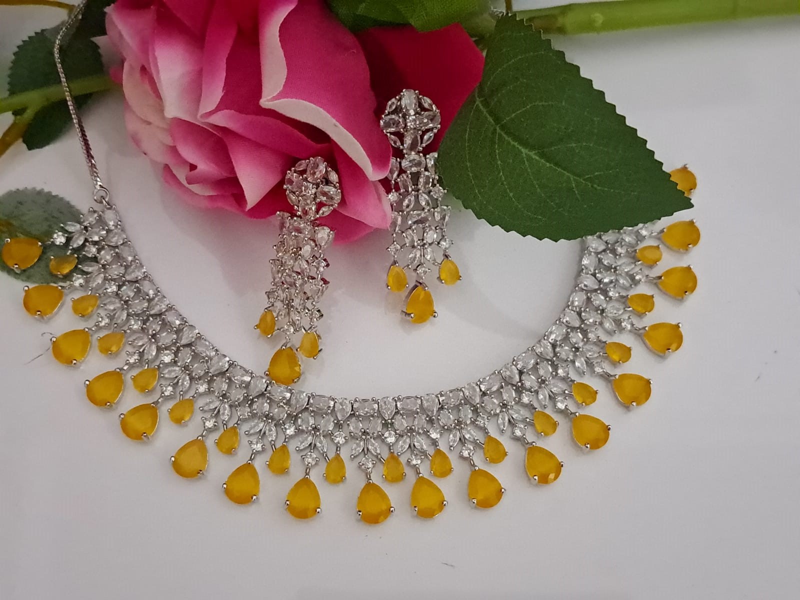 CZ Diamonds Necklace Earrings Set Silver, Yellow