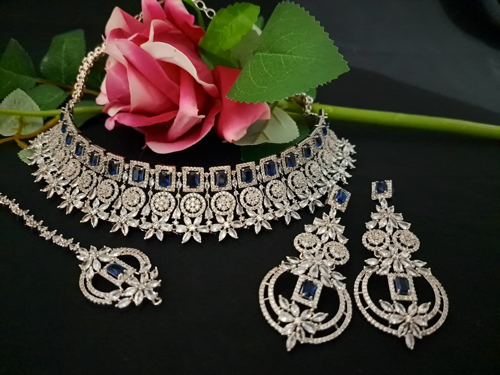 Designer Indian Bridal Necklace Earring, Silver Blue