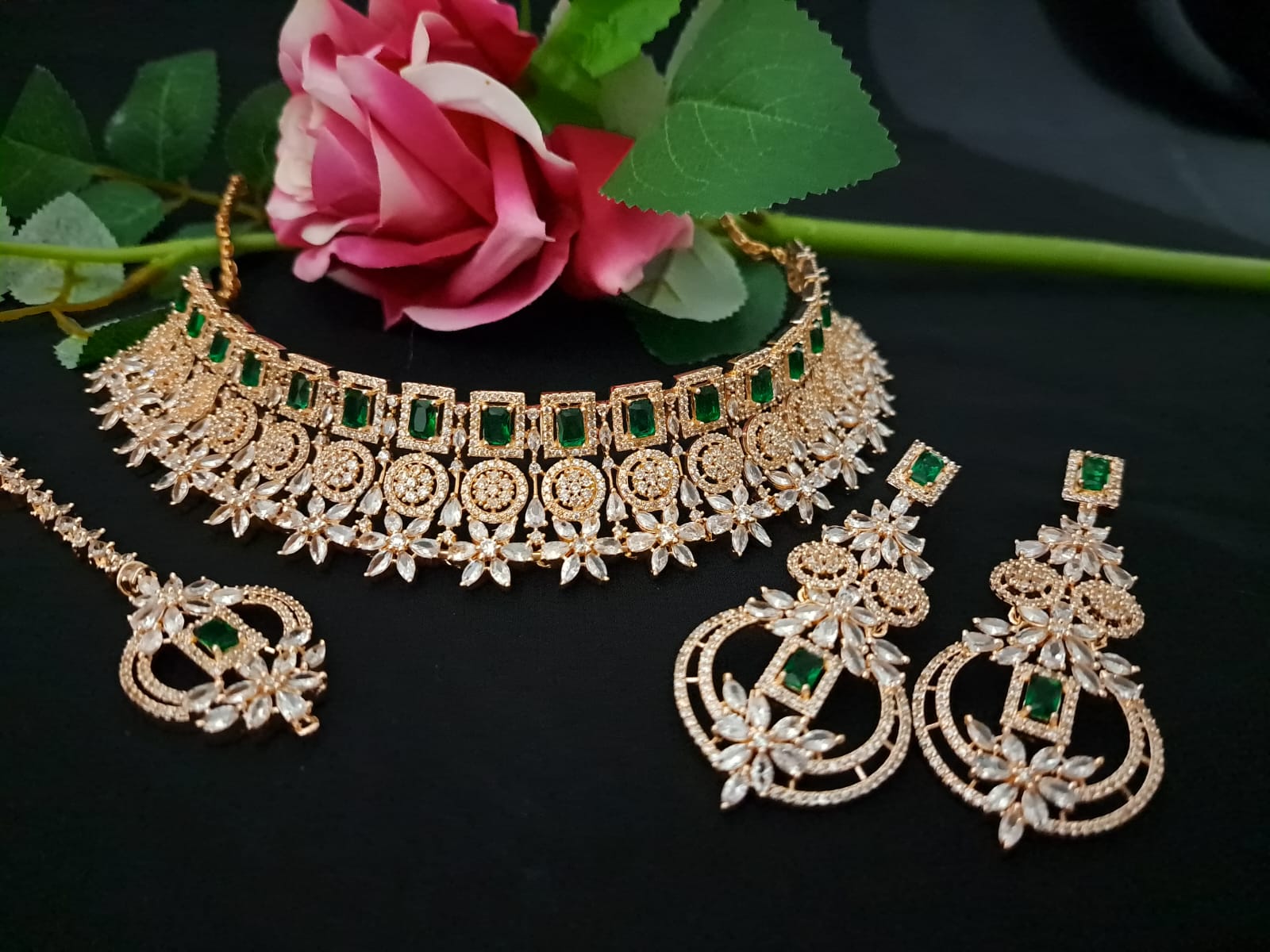 Designer Indian Bridal Necklace Earring, Golden Green