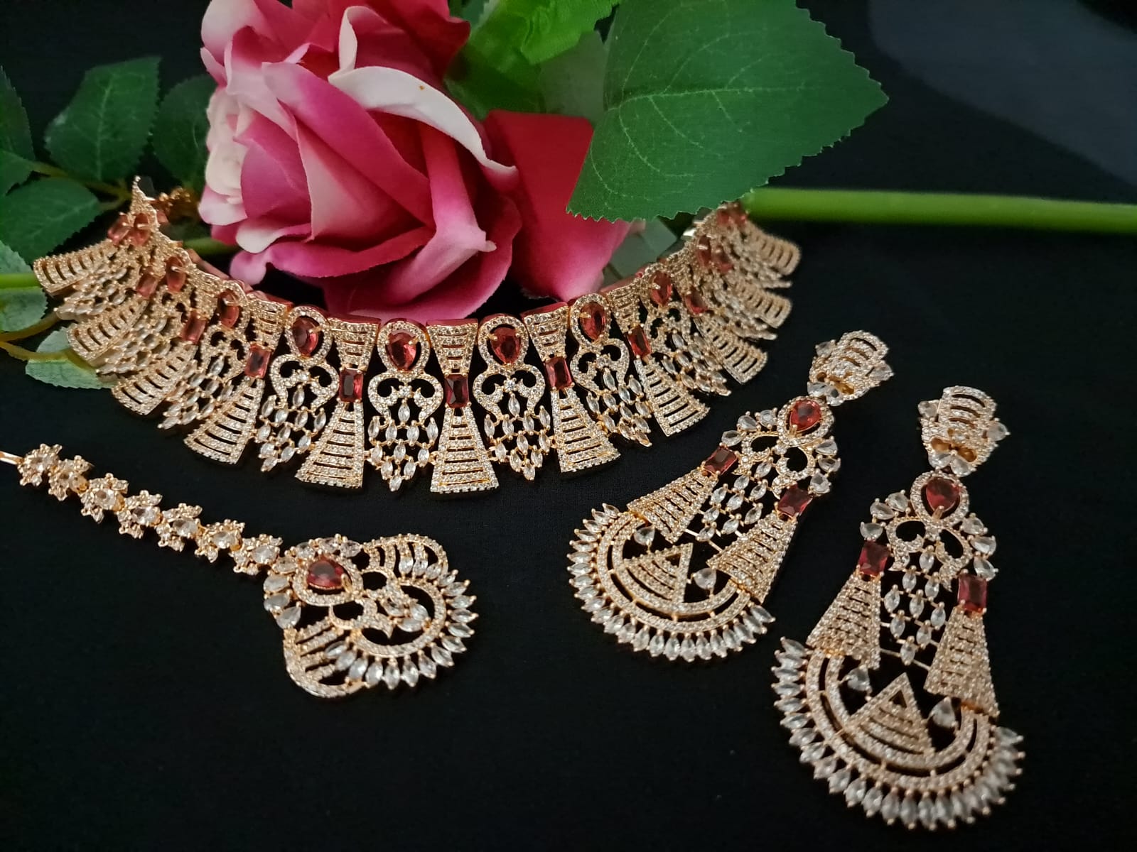 Designer Indian Bridal Necklace Earring, Golden red