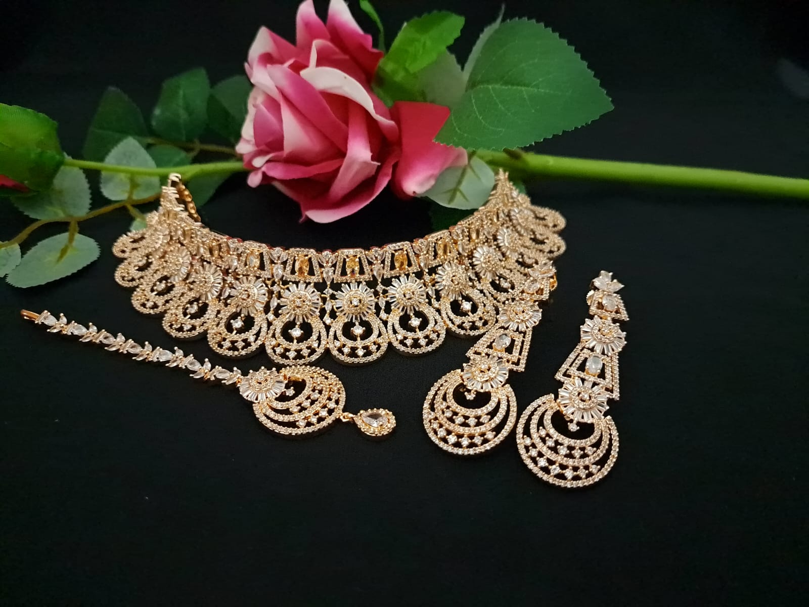 Designer Indian Bridal Choker Tikka Earring, Golden