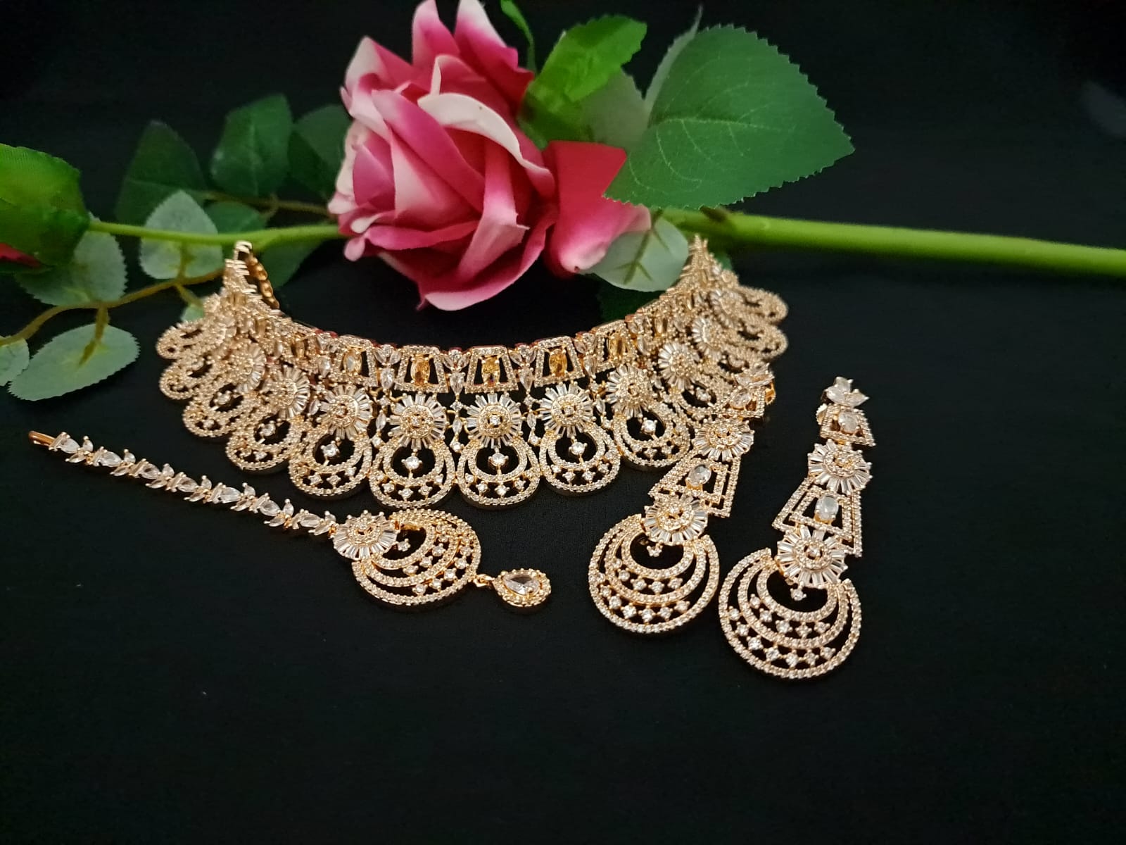 Designer Indian Bridal Choker Tikka Earring, Golden