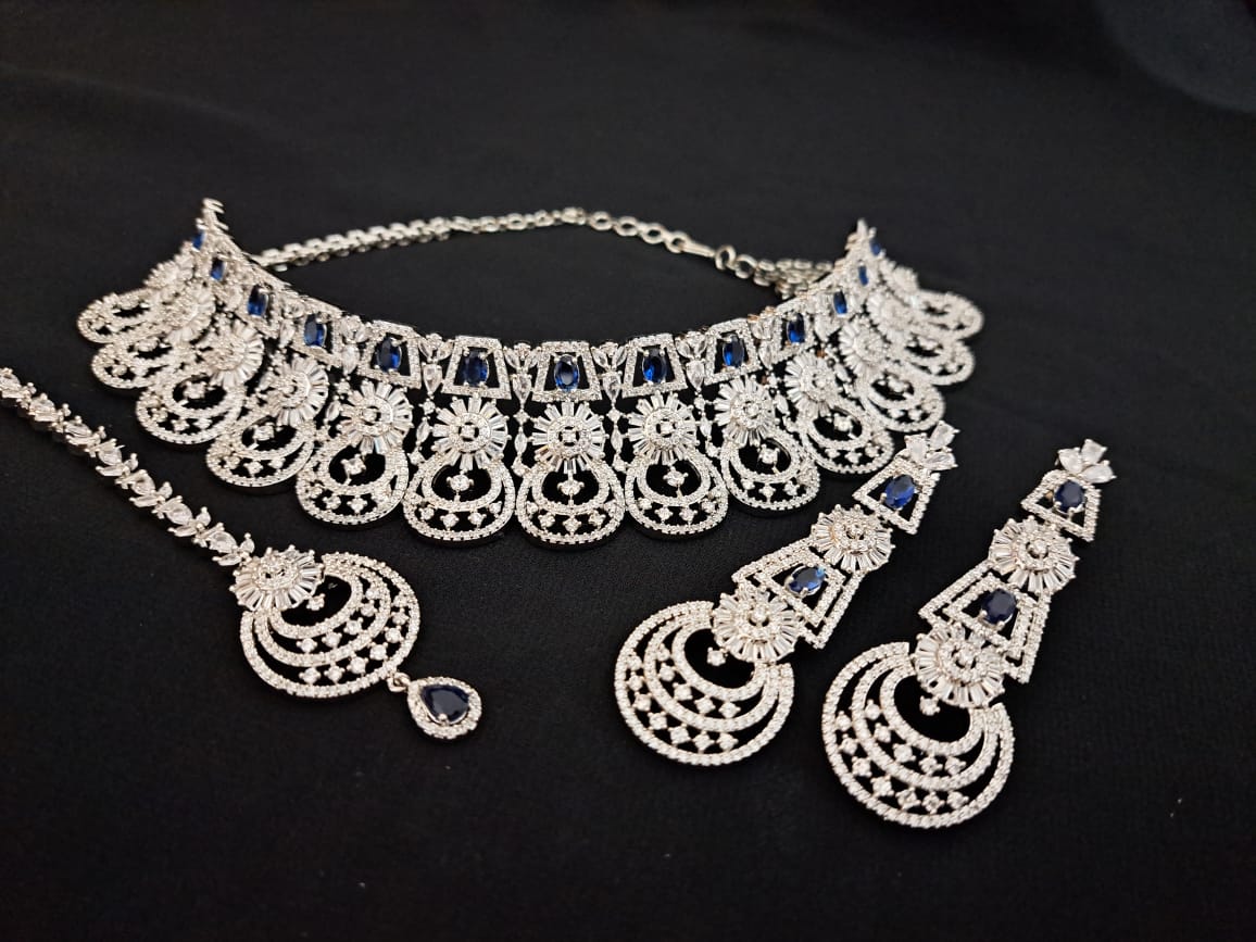 Designer Indian Bridal Choker Tikka Earring, Silver Blue