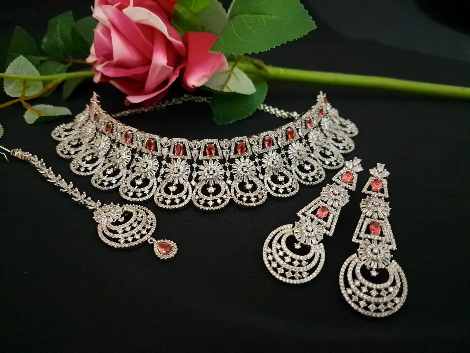 Designer Indian Bridal Choker Tikka Earring, Silver Red