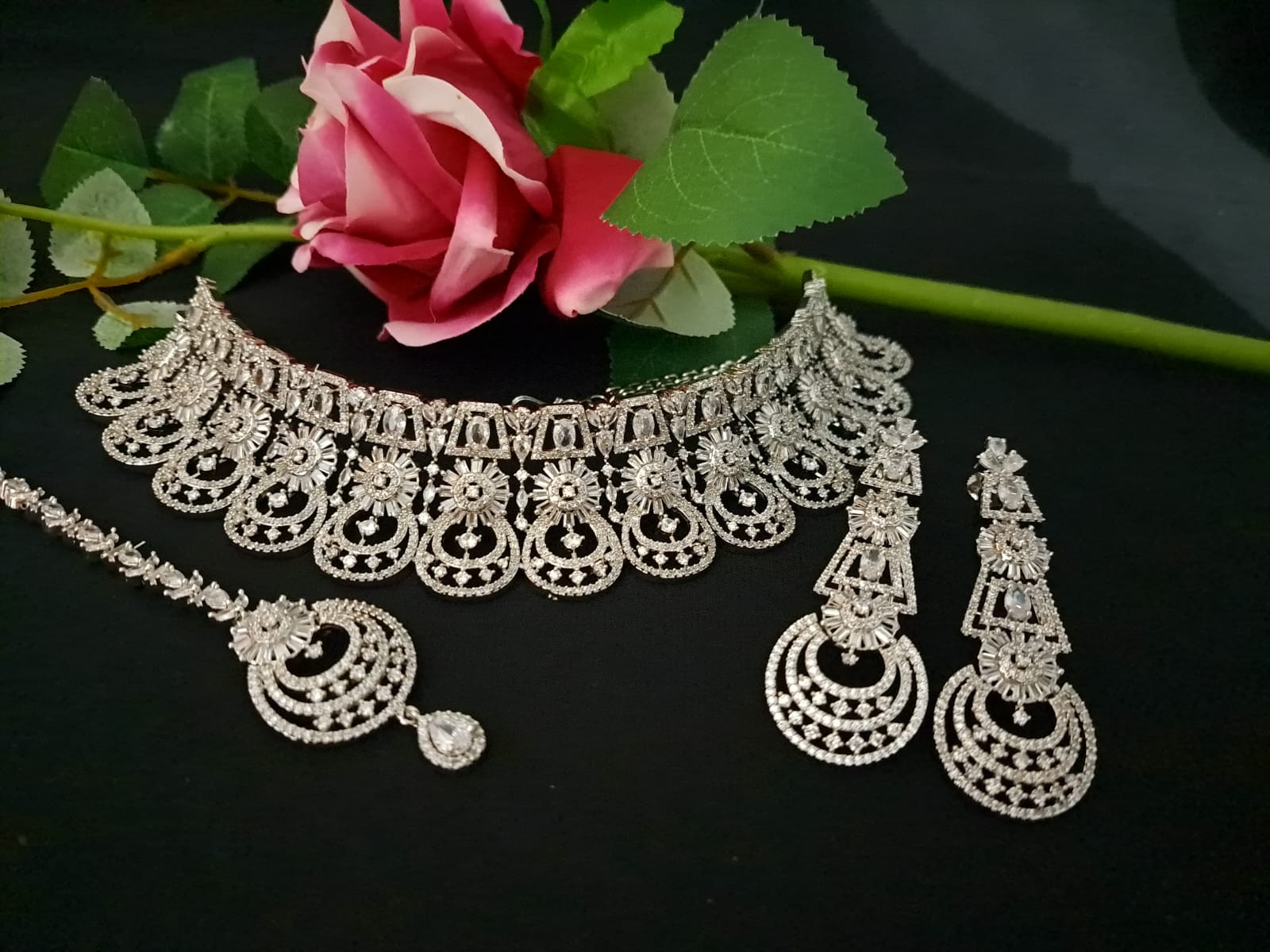 Designer Indian Bridal Choker Tikka Earring, Silver White