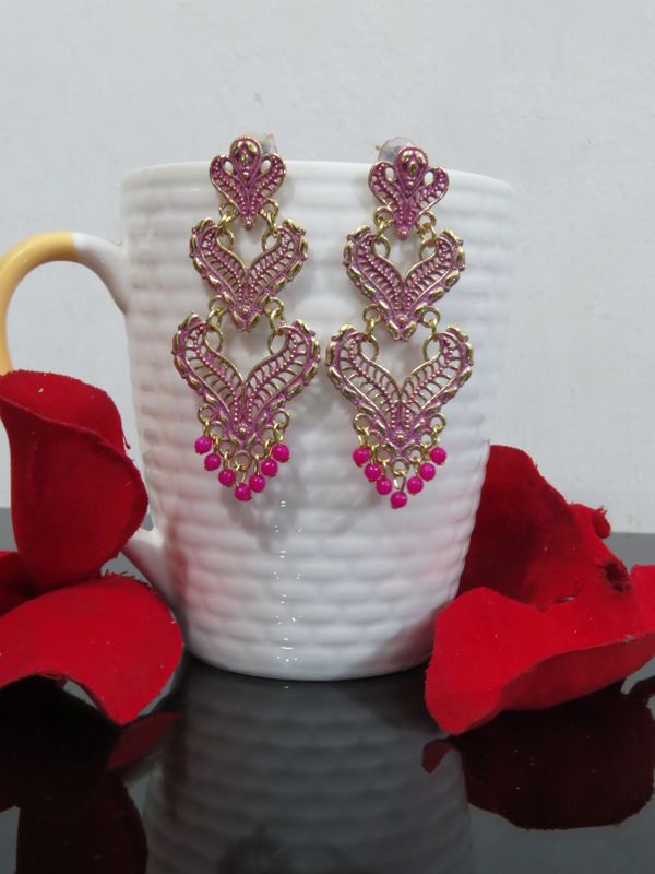 trendy small jeans earrings in magenta