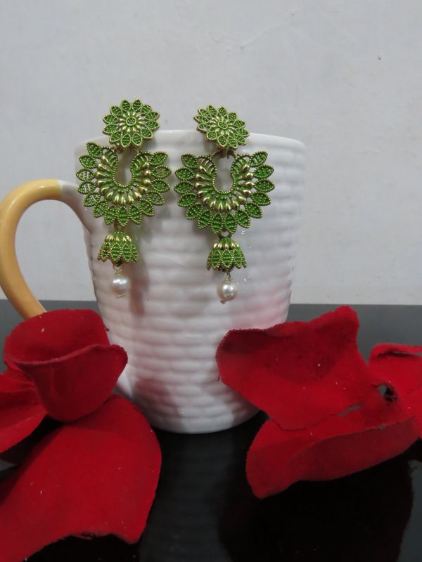 jeans oxidised earrings in jhumki style green color