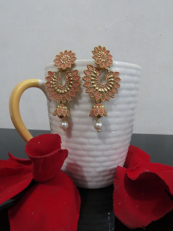 jeans oxidised earrings in jhumki style peach color