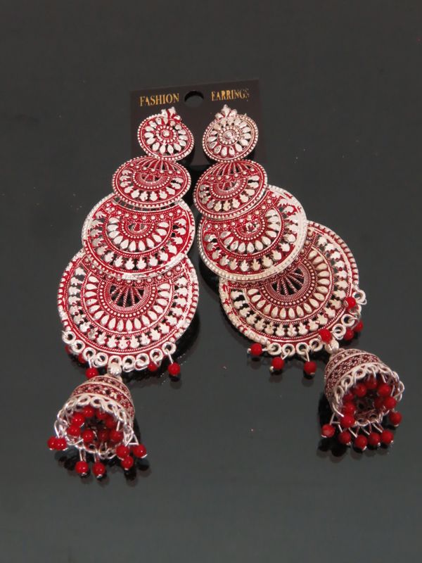 long 4 step red jhumki earrings