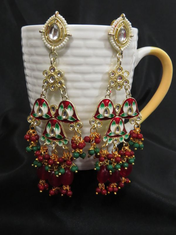 meena long budget earrings in maroon-green