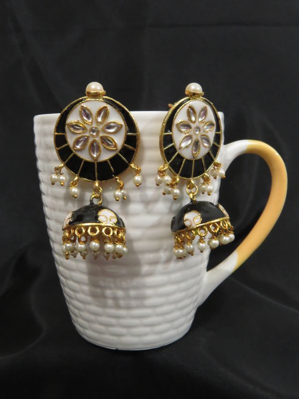 jaipuri small meena jhumki earrings, black-white