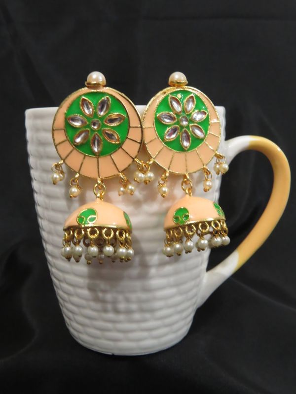 jaipuri small meena jhumki earrings, peach-green