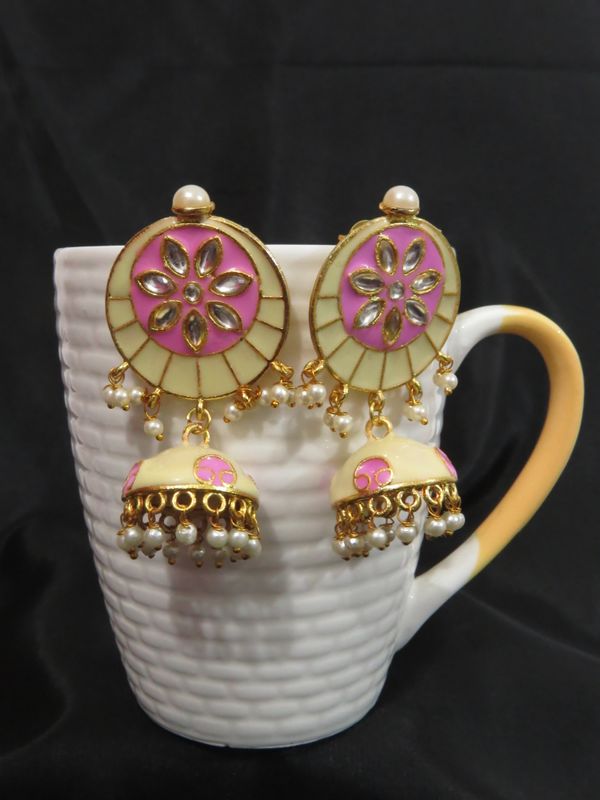 jaipuri small meena jhumki earrings, yellow-pink