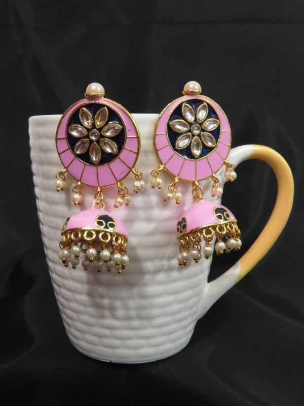 jaipuri small meena jhumki earrings, pink-blue