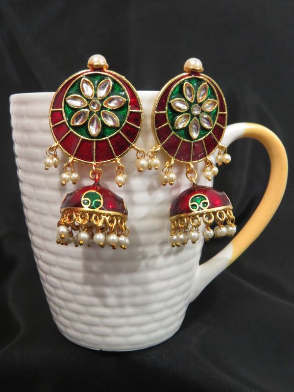 jaipuri small meena jhumki earrings, maroon-green