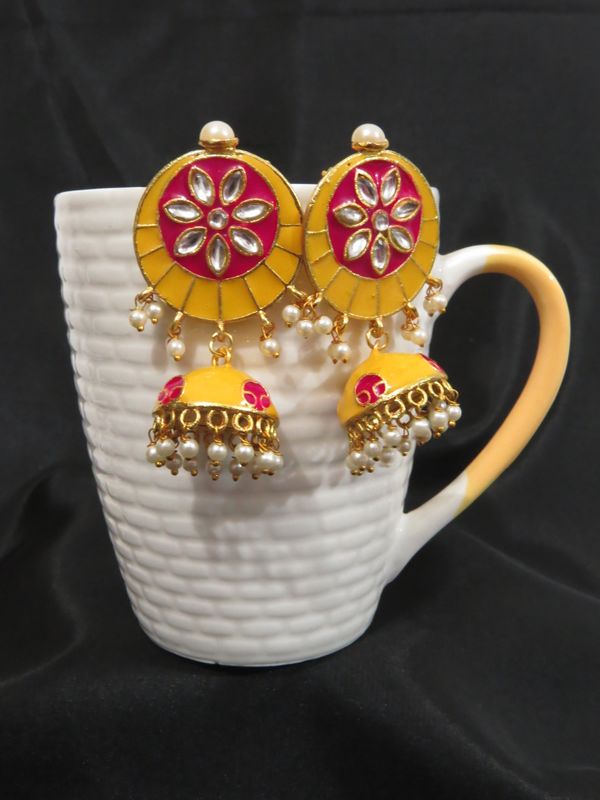 jaipuri small meena jhumki earrings, magenta-yellow