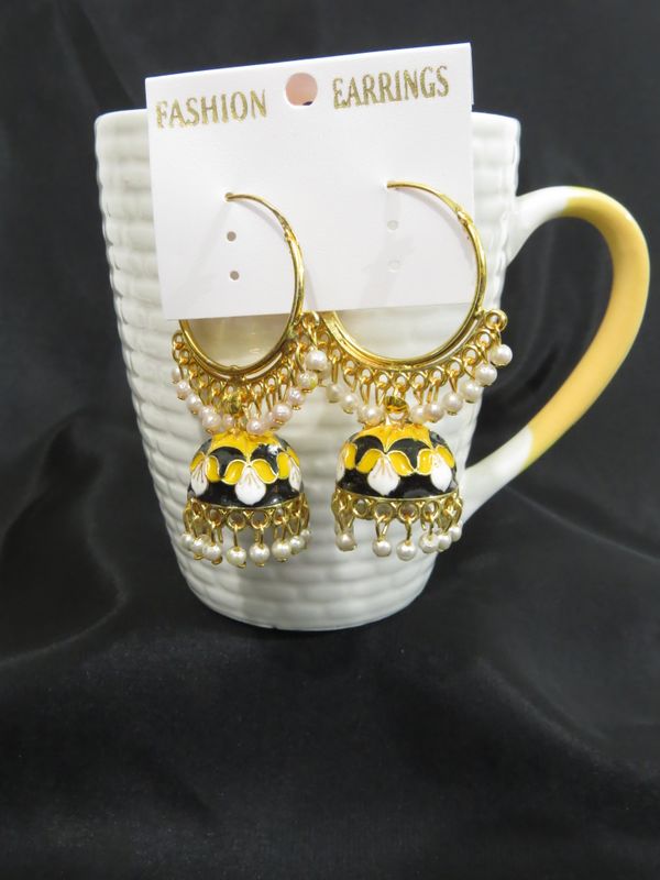 jaipuri hoop meena jhumki earrings, yellow-black