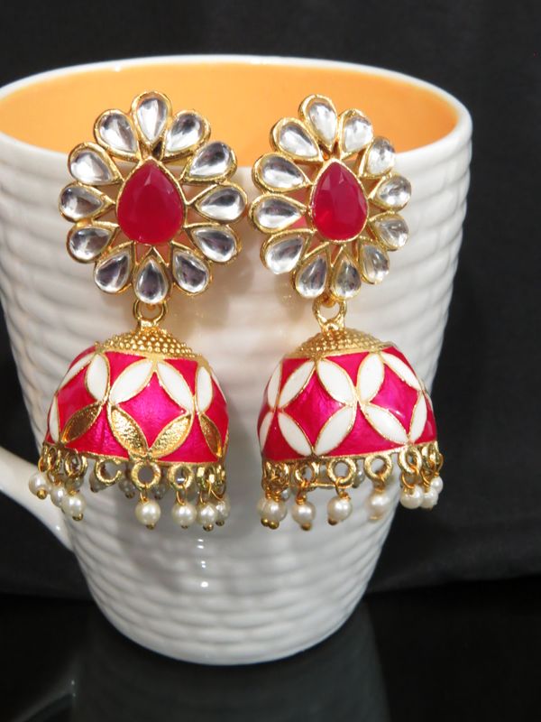 pasted kundan with meena jhumki in magenta