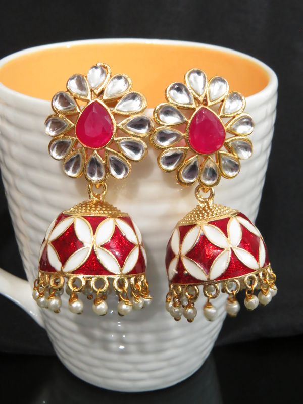 pasted kundan with meena jhumki in maroon