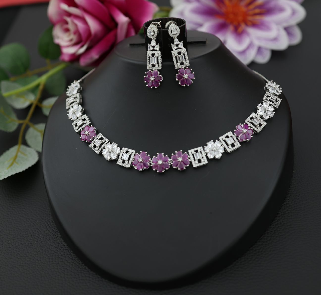American Diamond Necklace in Ruby and White