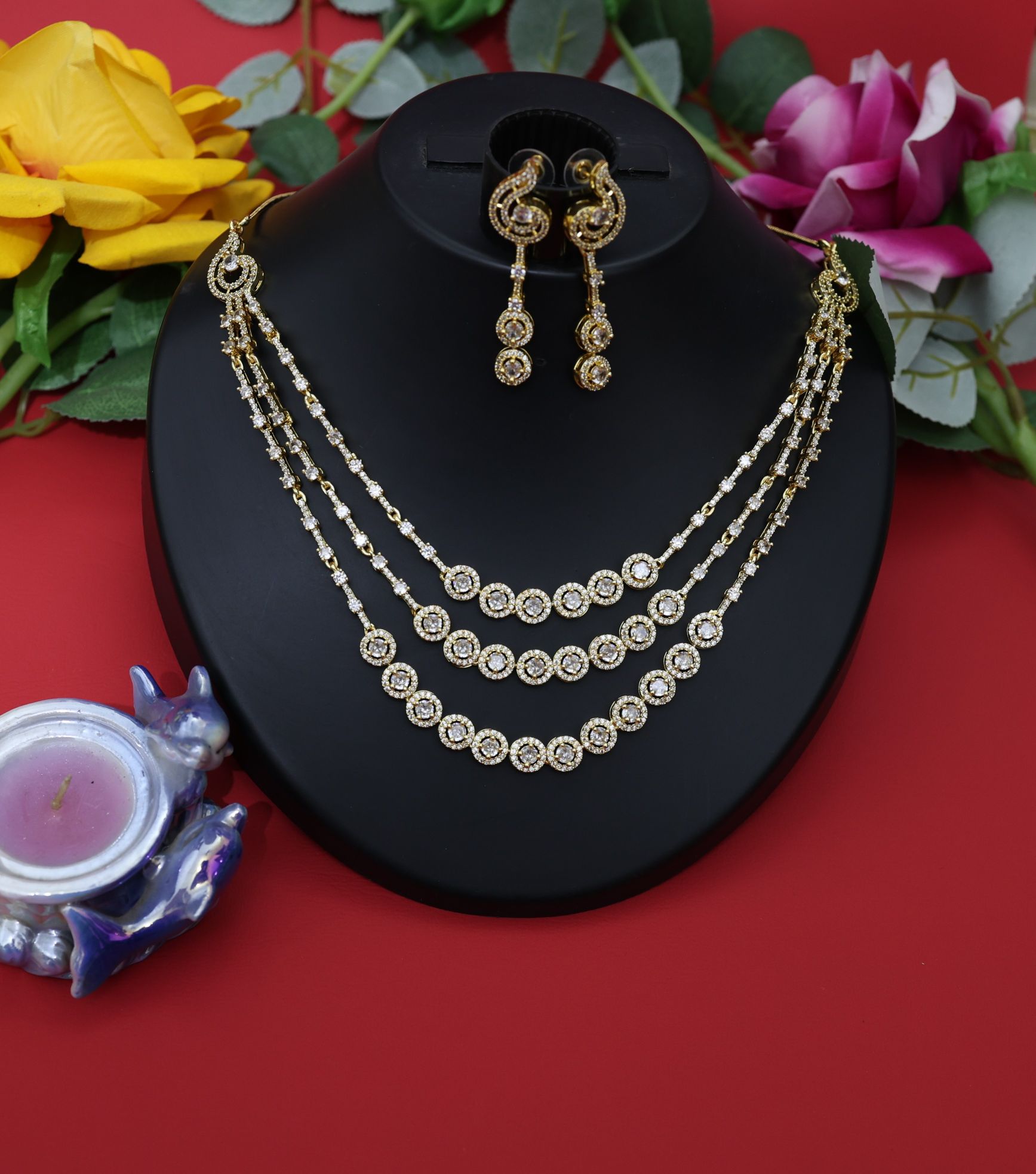 3-layered American Diamond Necklace Set