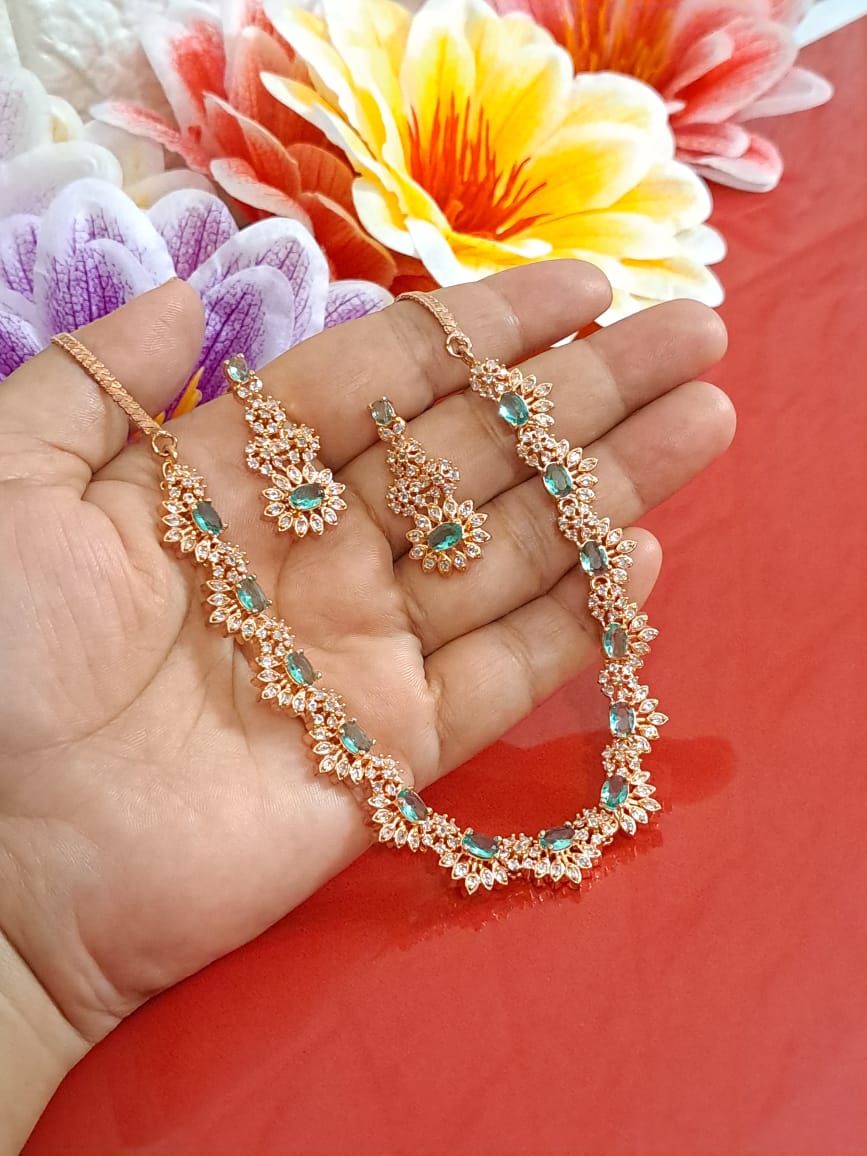 StarDivine Rose Gold American Diamond Budget Necklace - Acqua