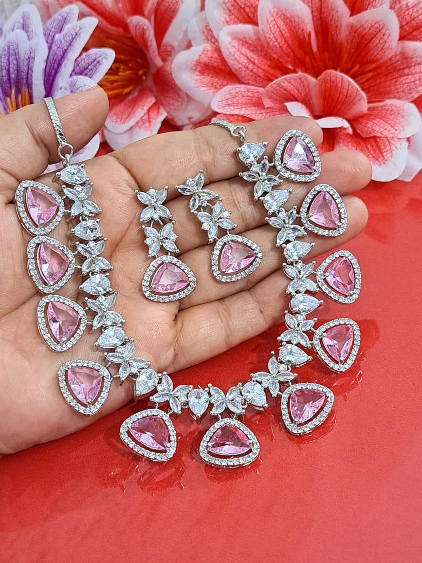 Wedding Day Statement Necklace, Cubic Zircon Jewellery - Pink