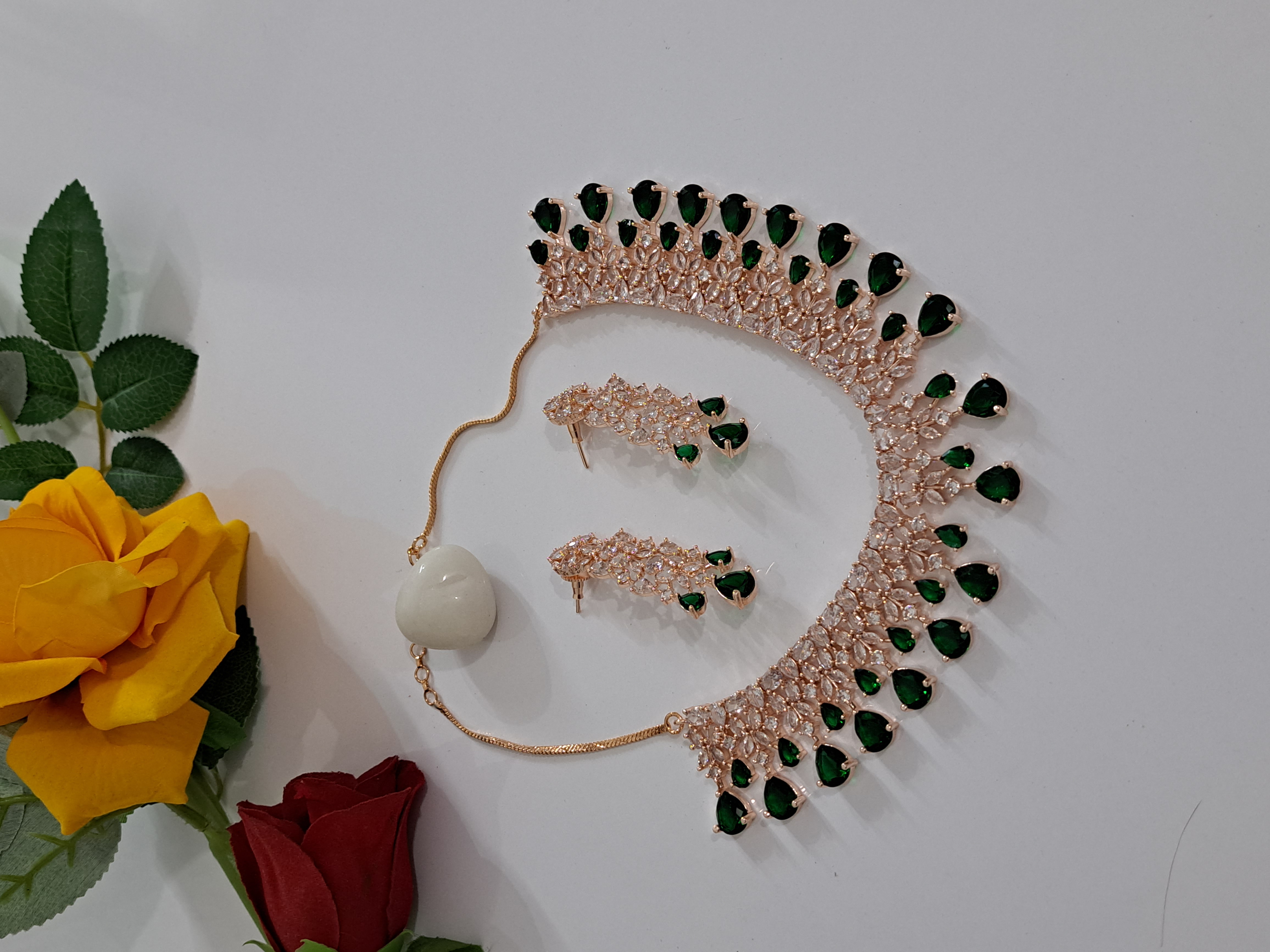 CZ Diamonds Necklace Earrings set Rose in drop - Green