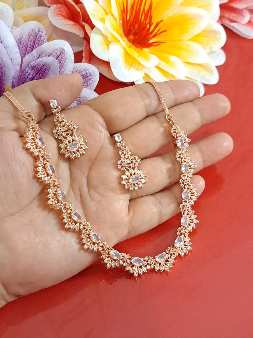 StarDivine Rose Gold American Diamond Budget Necklace - White