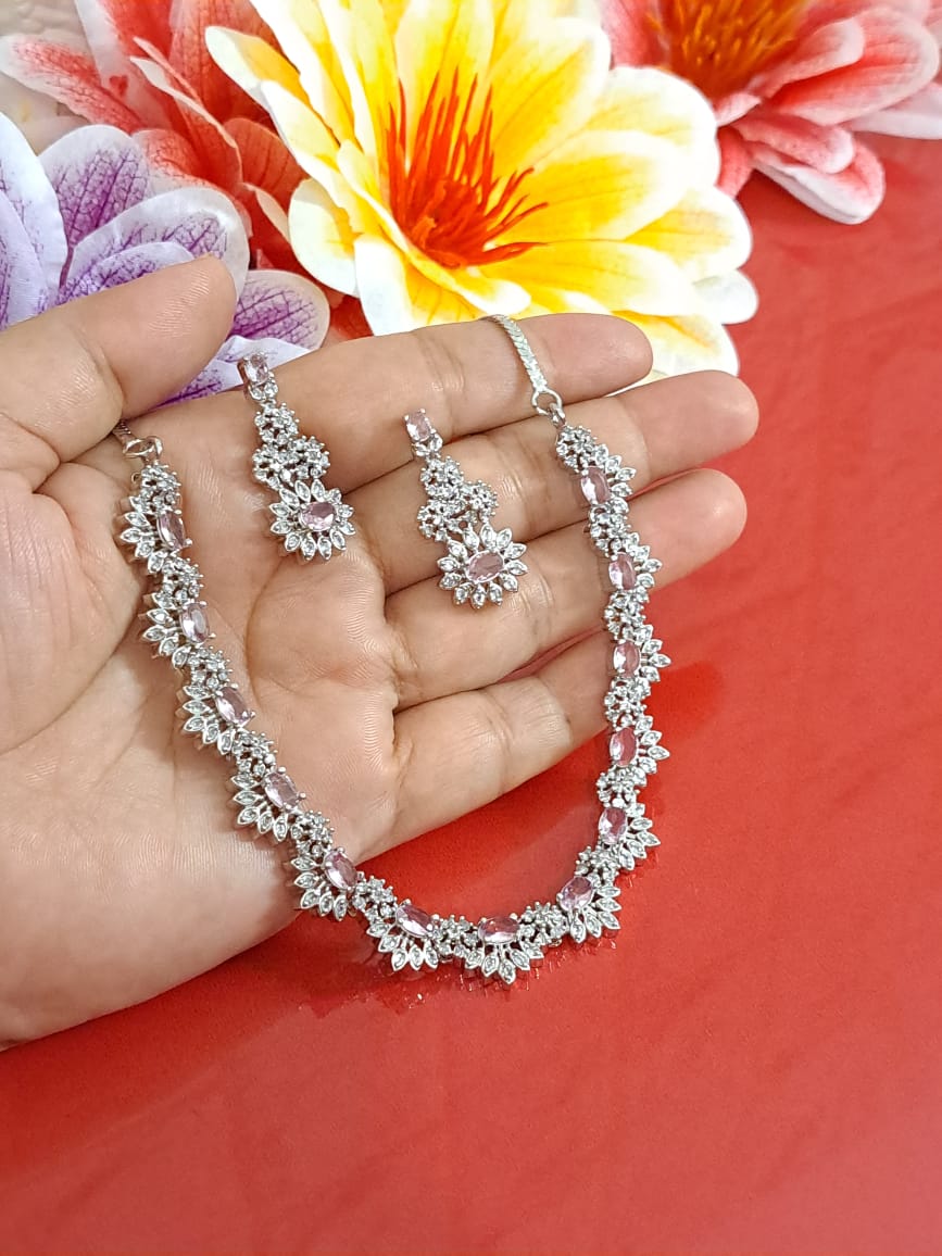 Elegant Slender Oval Stone with Half Flower Design AD Necklace - Pink